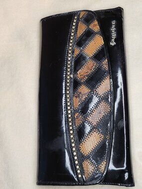 Vintage Esquire Black Patent Leather Clutch Wallet Snakeskin Trim